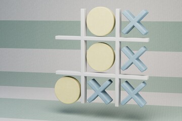 tic-tac-toe game on a striped white and green background. 3d render. 3d illustration - obrazy, fototapety, plakaty