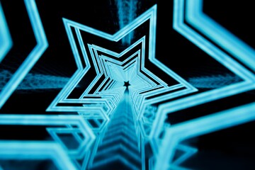 abstract background. a beautiful tunnel of patterns of stars on a black background illuminated with bright blue neon light. 3d illustration. 3d render