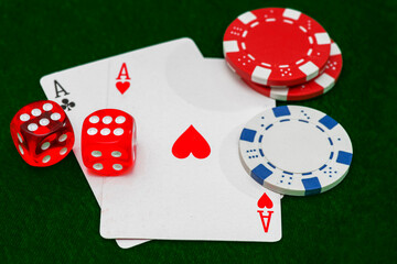 Poker cards Two Aces. Gambling, casino chips, dices. Casino tokens, gaming chips, checks, or cheques