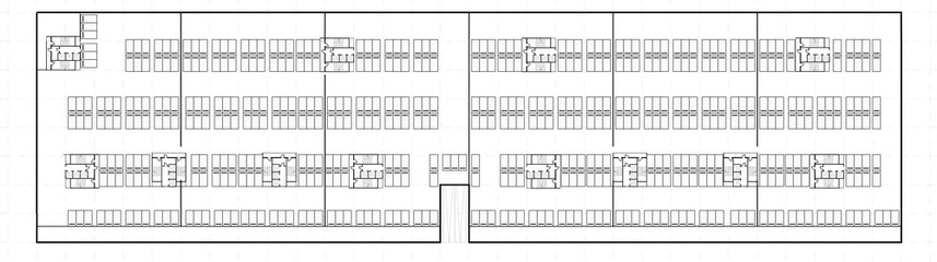 2d conceptual architectural drawing of a closed parking lot at basement floor of residential buildings.  Monochrome plan sketch. 