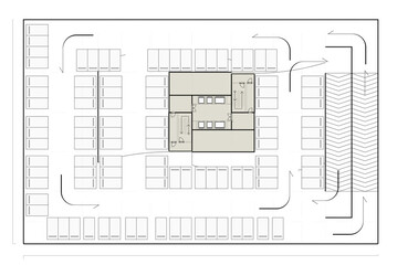2d conceptual architectural drawing of a closed parking lot at basement floor of an office building.  Vehicle circulation directions are marked with arrows. 