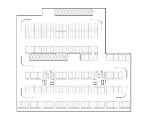2d conceptual architectural drawing of a closed parking lot at basement floor of an office building.  Vehicle circulation directions are marked with arrows. 