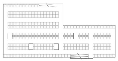 2d conceptual architectural drawing of a closed parking lot at basement floor of a mix-used building.  L shaped space planning. Abstract minimal plan.