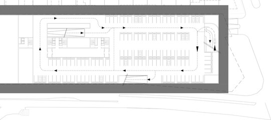 2d conceptual architectural drawing of a closed parking lot at basement floor of an office building.  Vehicle circulation directions are marked with arrows. 