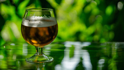 glass of beer on green background