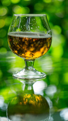 a glass with a drink on the glass against the background of leaves