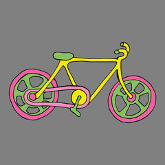 Bike. Bright bike. Vector bicycle. Isolated on a gray background. Drawn by hand. Coloring for children and adults. Cartoon