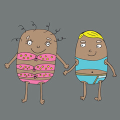 Love monsters. Valentine s day on the beach. Valentine s Day. Vector monsters. Isolated on a gray background. Coloring for children and adults. Cartoon