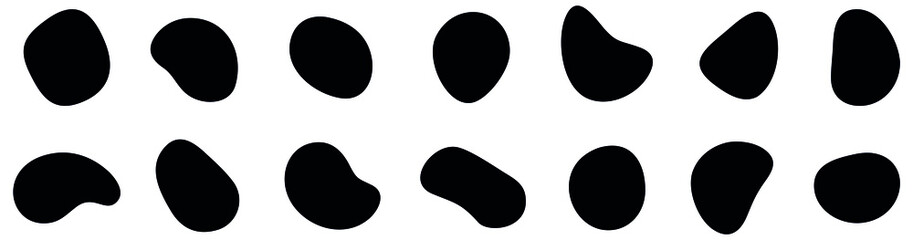 set of black liquid drops, design elements, flowing shapeless blots isolated on white