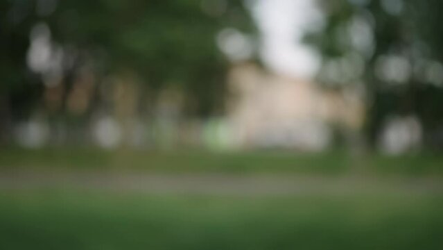 Slow motion out of focus driving plate side view of city with lot of trees