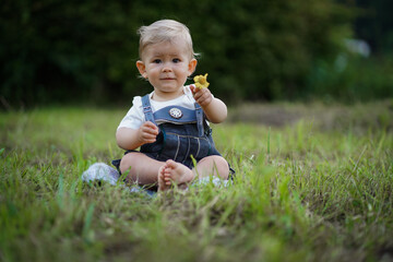 one year old blond german baby boy in bavarian dress with lederhose sitting outside on the meadow with a yellow flower to congratulate for birthday