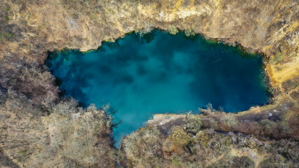 aerial view of blue lake in the forest