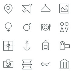 Set of road, travel transportation thin line icons. Contains icons like plane travel, online booking, payment methods, travel insurance and more.
