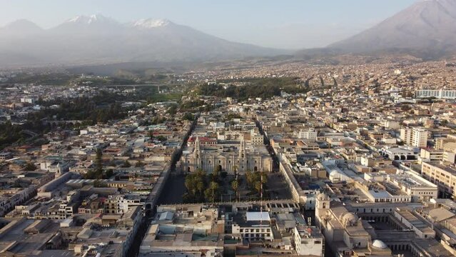 Aerial view of the Cathedral of Arequipa in the city of Arequipa, Peru