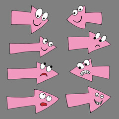 Set with arrows. Arrows with facial expressions. Arrows with eyes. Vector arrows. Cartoon. Freehand drawing. Isolated on a gray background.