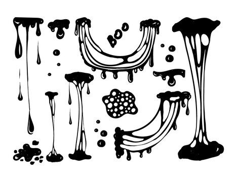 A set for working with blobs. Doodle style drawn elements. Black splashes of slime, stretching slime, toxic dripping slime. Slime splatter and droplets, liquid borders. Isolated vector shapes.