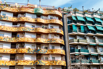 Exterior of a colorful apartment building in Barcelona, Catalonia, Spain, Europe