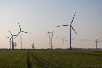 Wiatraki, turbiny farma wiatrowa na żuławach wiślanych w Polsce razem ze słupem energetycznym - obrazy, fototapety, plakaty
