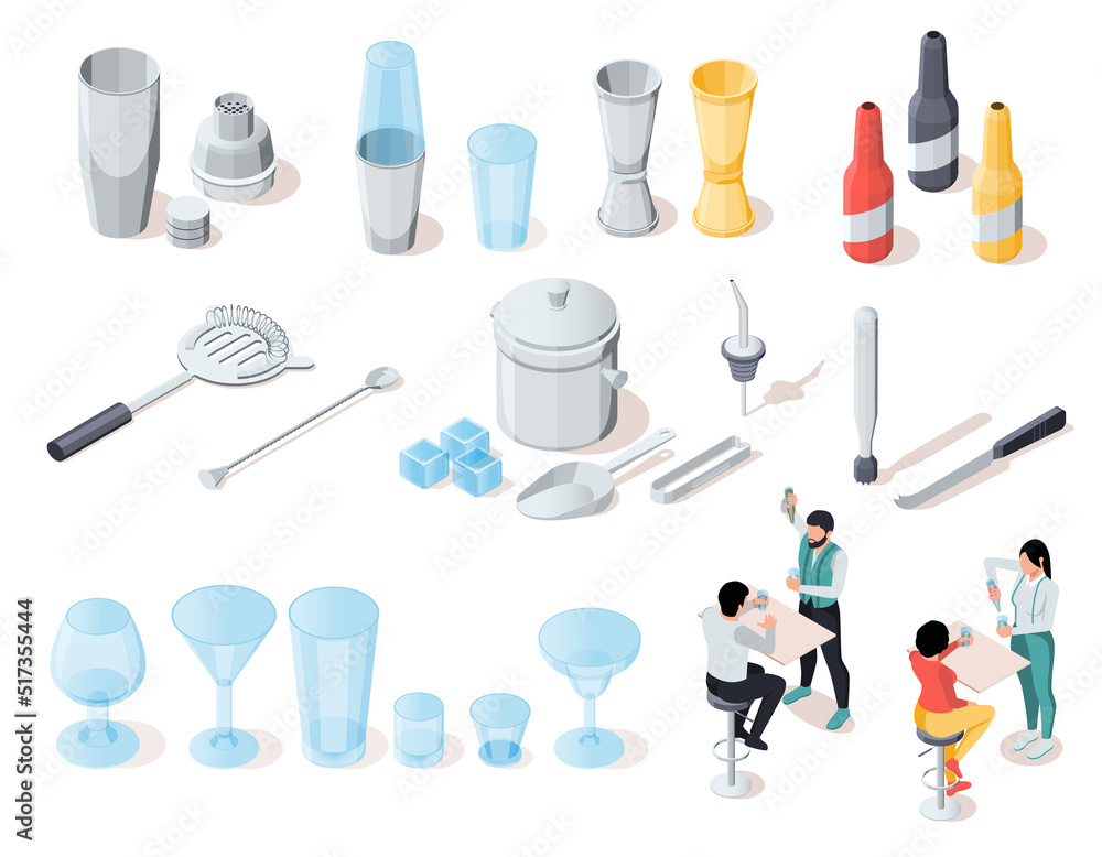 Sticker bartender isometric icons set