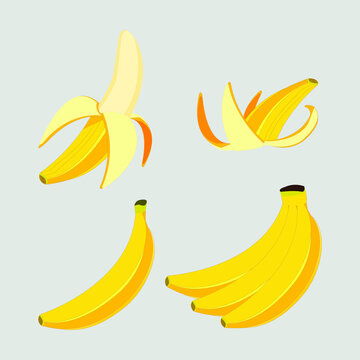 Banana on white background,set contains: bananas in bunch, peeled and peel, in different styles.