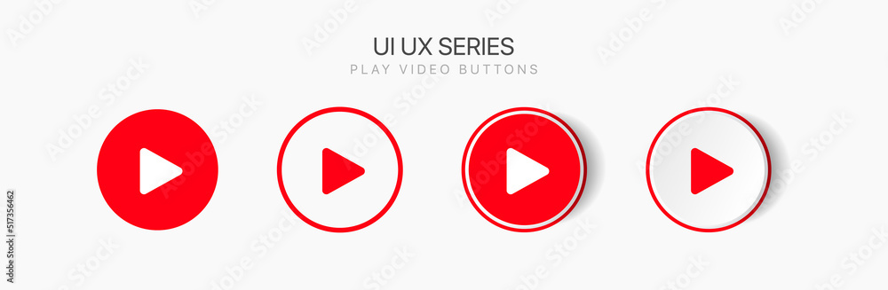 Poster Flat style red play button icon. Start sign. Play music or sound vector element for UI UX, website, mobile app.