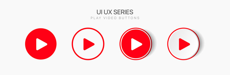 Flat style red play button icon. Start sign. Play music or sound vector element for UI UX, website, mobile app.