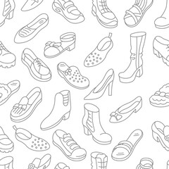 Women shoes seamless pattern background. Different types of shoes. Editable stroke size.