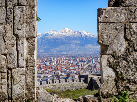City and mountains panorama boxed in castle walls