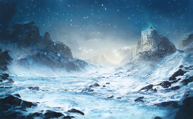 Fantastic Winter Epic Landscape of Mountains. Christmas Celtic Medieval forest. Frozen nature. Snowy Glacier. Mystic Valley. Artwork sketch. Gaming RPG background. Book cover, poster, banner	