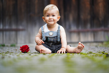 happy smiling one year old baby boy sitting or crawling in bavarian lether pants called Lederhosn outdoor on the floor with a red rose to congratulate for birthday
