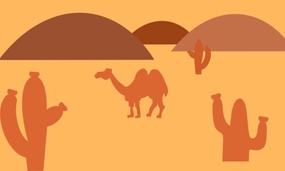 Pattern drawing cactus and camels in desert landscape with mountains background. Cacti in the foreground. no people. Egypt. Vector illustration. Design element for flyer, brochure, web banner, poster