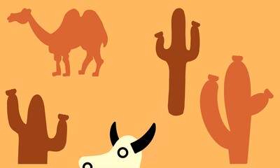 Pattern drawing cactus and camels in desert landscape with Wildlife skull of Africa. Cacti in the foreground.  Egypt. Vector illustration. Design element for flyer, brochure, web banner, poster.