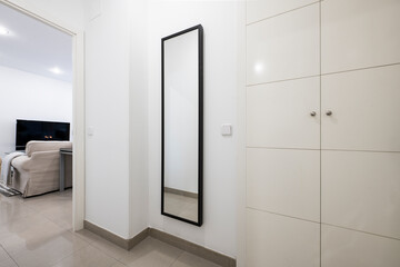 Distributor of a house with a built-in wardrobe with white wooden doors, a mirror with a black frame and access to a room with a TV