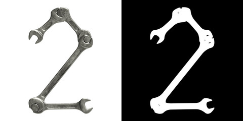 Number 2 made of used metal wrenches and nuts, isolated on white with clipping mask, 3d rendering