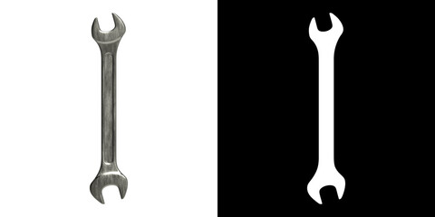 Letter I made of used metal wrenches, isolated on white with clipping mask, 3d rendering