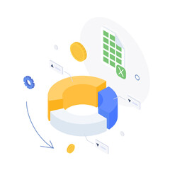 Money, chart, graph, diagram, presentation, spreadsheet, economy, finance, technology. Isometric vector illustration flat design isolated.