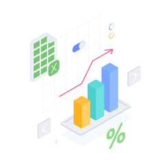 Money, chart, graph, diagram, presentation, spreadsheet, economy, finance, technology. Isometric vector illustration flat design isolated.