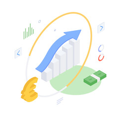 Money, chart, graph, diagram, presentation, spreadsheet, economy, finance, technology. Isometric vector illustration flat design isolated.