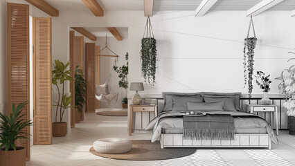Architect interior designer concept: hand-drawn draft unfinished project that becomes real, bohemian wooden bedroom in boho style. Bed and potted plants. Window with shutters