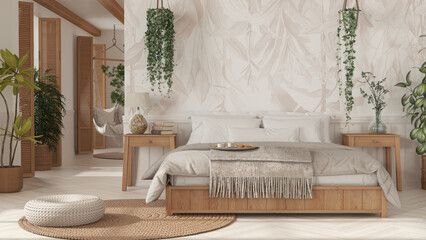 Farmhouse wooden bedroom in boho style in white and beige tones. Double bed, hanging chair and potted plants. Window with shutters and wallpaper. Country vintage interior design © ArchiVIZ