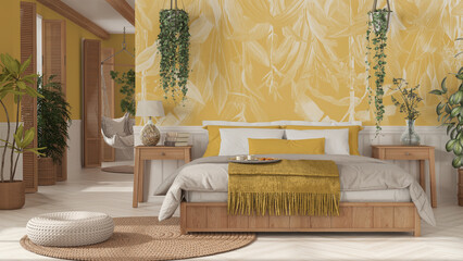 Farmhouse wooden bedroom in boho style in white and yellow tones. Double bed, hanging chair and potted plants. Window with shutters and wallpaper. Country vintage interior design © ArchiVIZ