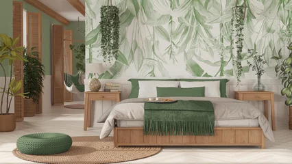 Fotobehang Boho Farmhouse wooden bedroom in boho style in white and green tones. Double bed, hanging chair and potted plants. Window with shutters and wallpaper. Country vintage interior design  © ArchiVIZ