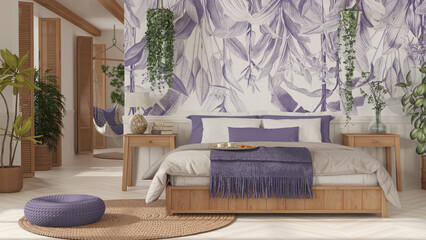 Farmhouse wooden bedroom in boho style in white and purple tones. Double bed, hanging chair and potted plants. Window with shutters and wallpaper. Country vintage interior design