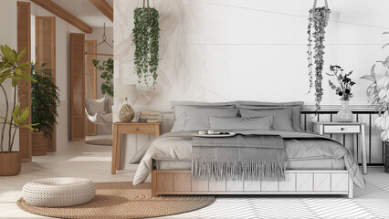 Architect interior designer concept: hand-drawn draft unfinished project that becomes real, farmhouse wooden bedroom in boho style. Bed and potted plants. Shutters and wallpaper - obrazy, fototapety, plakaty