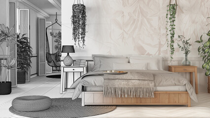 Architect interior designer concept: hand-drawn draft unfinished project that becomes real, farmhouse wooden bedroom in boho style. Bed and potted plants. Shutters and wallpaper