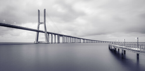 Vasco da Gama bridge in Lisbon by sunrise, Portugal