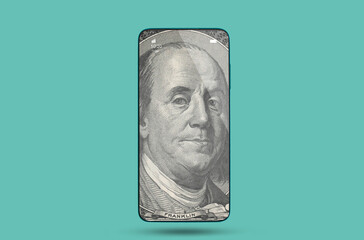 Cryptocurrency and modern banking. Picture of Benjamin Franklin in smartphone at a turquoise background. The concept of the cyberspace, stock exchange and finance