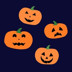 Pumpkin Jack face. Halloween party decor set. Black spooky scary faces on orange vegetable. Evil eyes and mouth, autumn holiday elements, doodle style hand drawn objects, vector cartoon set