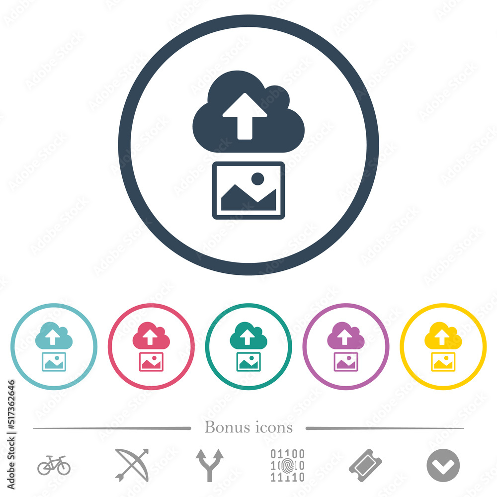 Poster upload image to cloud solid flat color icons in round outlines
