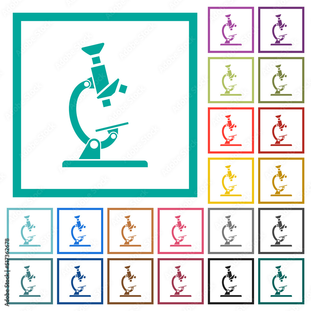 Poster microscope flat color icons with quadrant frames